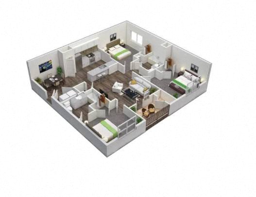A 3D image of a house layout with multiple rooms.