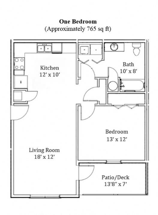 1 bed 1 bath Up to 765 Sq.Ft. Floor Plan at Deer Valley Villas Apartments, Silvis, Illinois