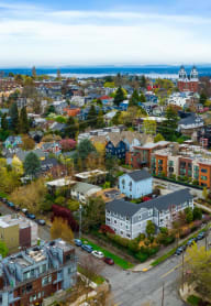 an aerial view of a city with buildings and trees