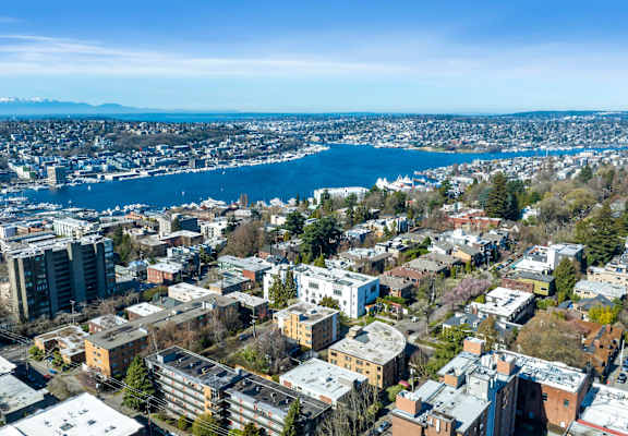 a view of the city and a body of water