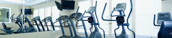 A gym with treadmills, elliptical machines, and a television.