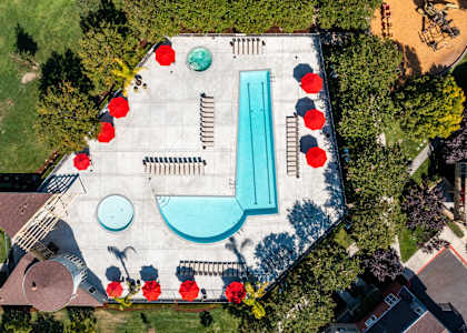 An aerial view of a pool surrounded by red flowers at The Woods Apartments, San Jose, California