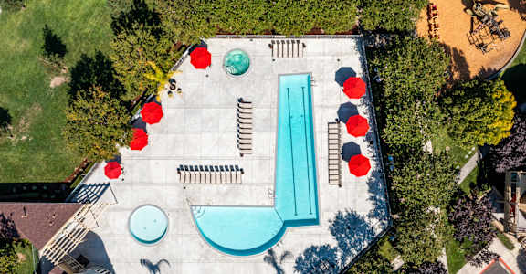 An aerial view of a pool surrounded by red flowers at The Woods Apartments, San Jose, California