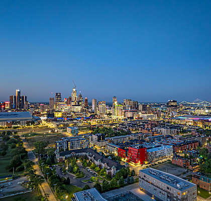 an aerial view of the city at night