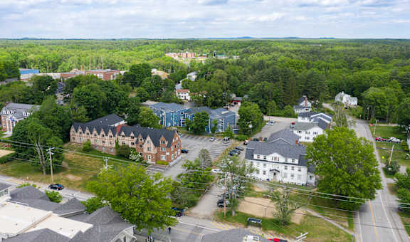 arial view of a small town with trees and buildings