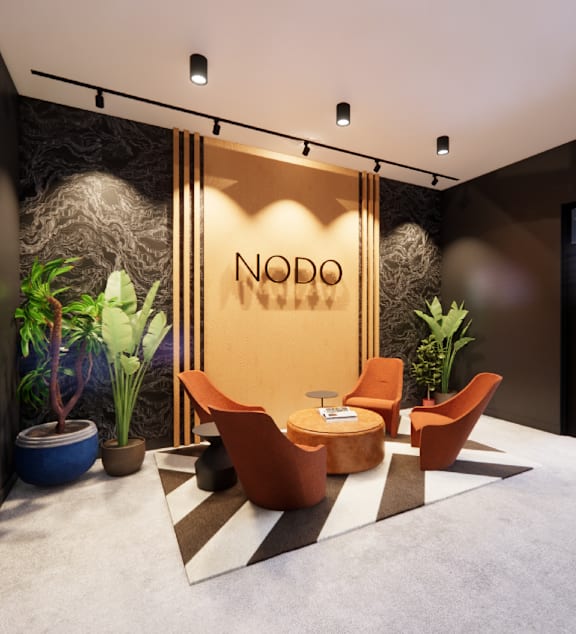 A modern office space with a sign that reads "NODO".