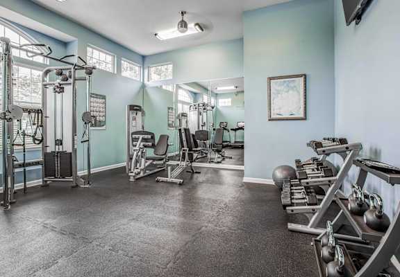 A spacious gym with a variety of equipment including weights and machines at Landings at Amhurst Lake Apartments, Waukegan, IL