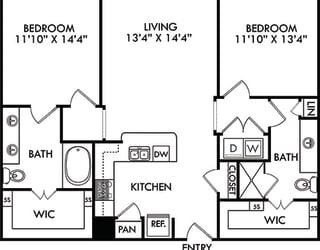 The Balboa  2 bd floorplan, assigned garage. Entry opens to Kitchen with Peninsula island overlooking living room. 1 bath with double vanity. other bath with shower. Walk in closets. washer/dryer.