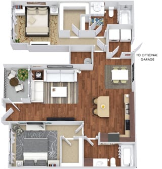 The Miller 3D. 2 bedroom apartment. Kitchen with island open to living/dinning rooms. 2 full bathrooms. Walk-in closets. Patio/balcony.