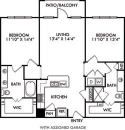 The Balboa  2 bd floorplan, assigned garage. Entry opens to Kitchen with Peninsula island overlooking living room. 1 bath with double vanity. other bath with shower. Walk in closets. washer/dryer.