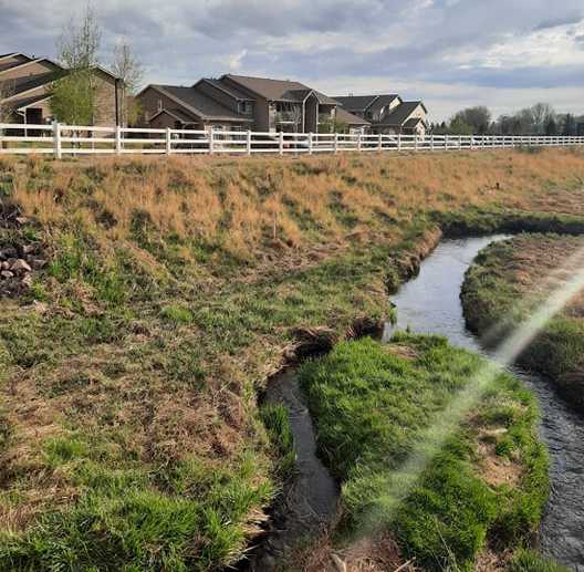 a stream running through a field with houses in the background