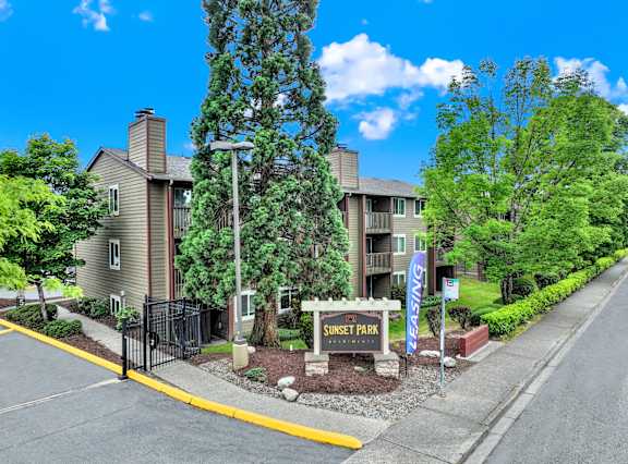 Sunset Park is a large apartment complex with a gated entrance.