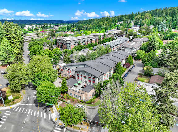 A view of a street with buildings and trees.