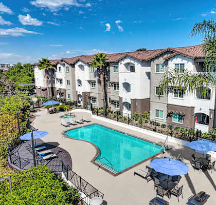 A sunny day at the pool of a residential building.