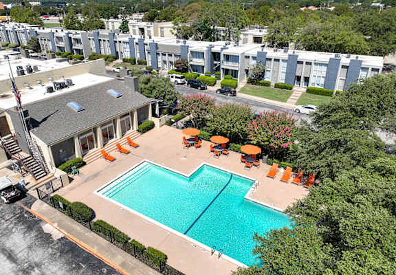 Aeriel pool view at Falls on Clearwood Apartments, Richardson, TX, Texas