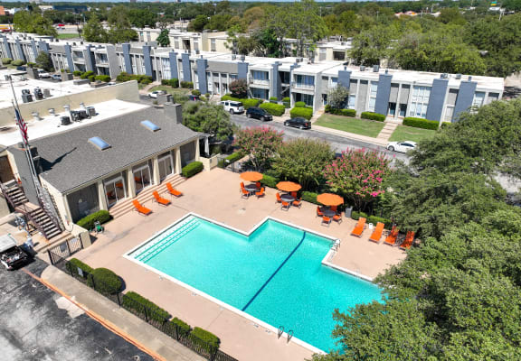 Aeriel pool view at Falls on Clearwood Apartments, Richardson, TX, Texas
