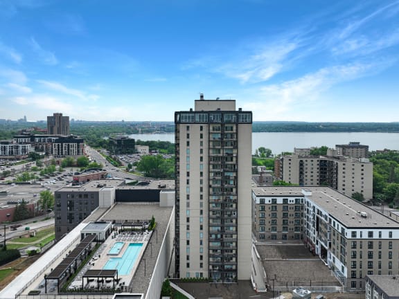 a tall building next to a tall skyscraper