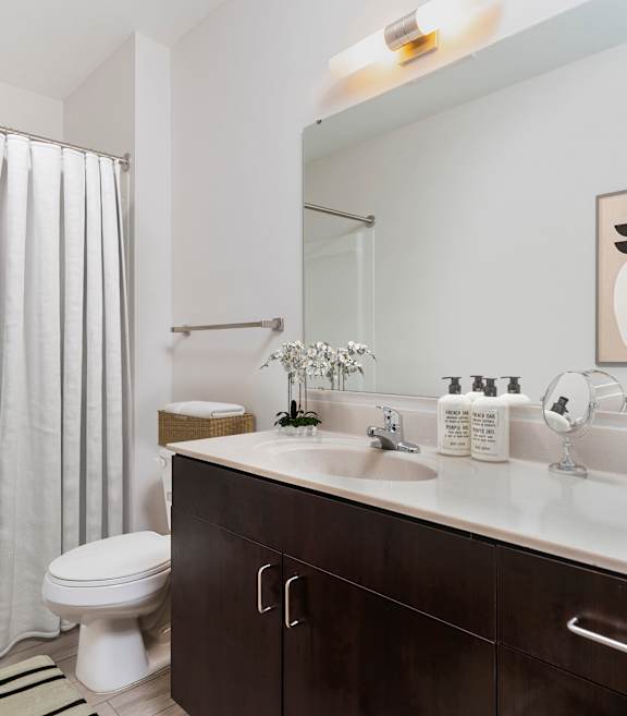 a bathroom with a shower toilet and sink and a mirror