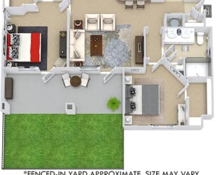 Barcelona with Fenced-in Yard 3D. 2 bedroom apartment. Kitchen with bartop open to living room. 2 full bathrooms, double vanities. Walk-in closets. Patio/balcony open to yard. External storage.