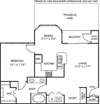 Lyndon 1 bedroom apartment with fenced-in yard. Kitchen with bartop open to living room and dining room with bay window. 1 full bath with double vanity. large walk-in closet. patio/balcony.