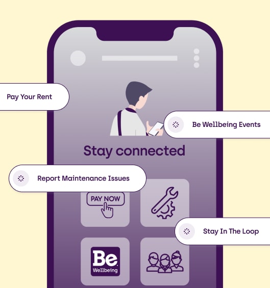 A smartphone screen displays options for paying rent, attending wellbeing events, reporting maintenance issues, and staying connected.