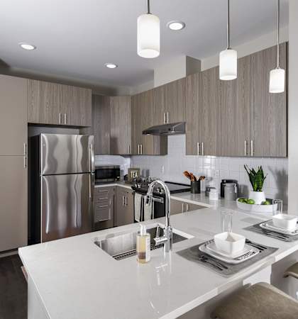 A modern kitchen with a white countertop and stainless steel appliances.