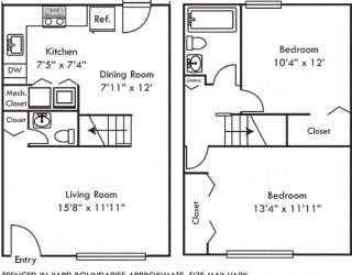 Boxwood with Fenced-in Yard. 2 bedroom townhome. Kitchen open to living/dinning room. 1 full bathroom + powder room. large closets. Back door open to yard