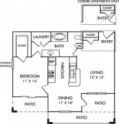 Ashton. 1 bedroom apartment. Kitchen with bartop open to living/dinning rooms. 1 full bathroom. Walk-in closet. Patio/balcony.