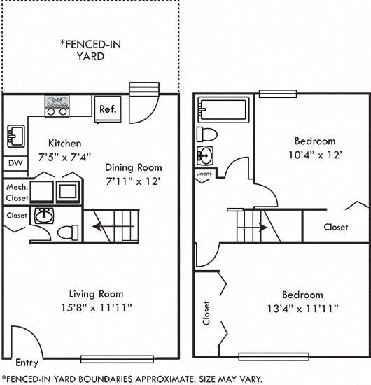 Boxwood with Fenced-in Yard. 2 bedroom townhome. Kitchen open to living/dinning room. 1 full bathroom + powder room. large closets. Back door open to yard