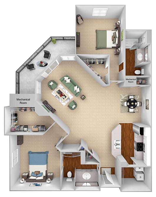 The Commons - B2 - Cambridge - 2 bedroom - 2 bath - 3D floor plan