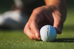 A person's hand holding a golf ball on a green field.