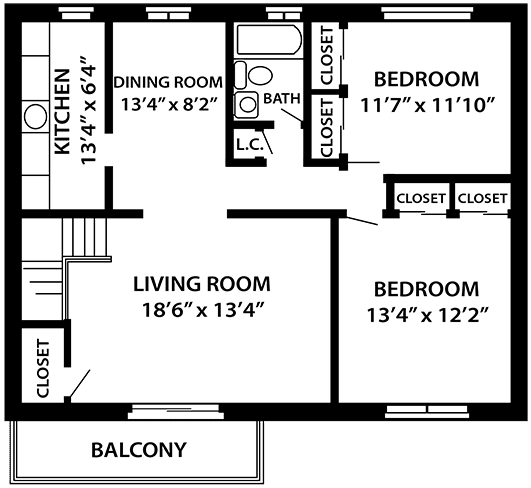 The Edgebrook 2 bedroom, 1 bathroom floor plan at Troy Hills Village in Parsippany, NJ,07054