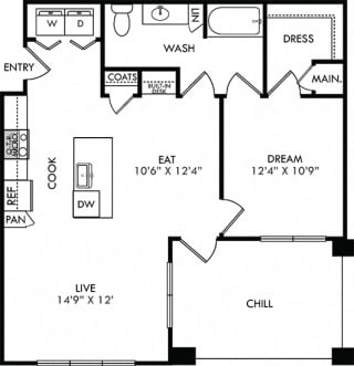 The Tyler. 1 bedroom apartment. Kitchen with island open to living/dinning rooms. 1 full bathroom. Walk-in closet. Patio/balcony.