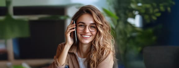 A woman with glasses is smiling while talking on the phone and using a laptop.