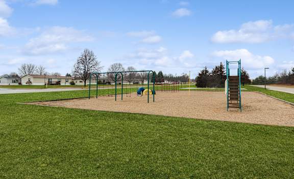 A playground with a green slide and a yellow slide.