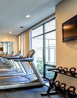 a gym with cardio equipment and a large window at The Laurel Apartments, Saint Louis, MO