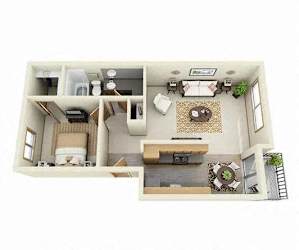 3D Floorplan for a 1 bedroom floor plan at Overlook at the Willamette, Oregon ?