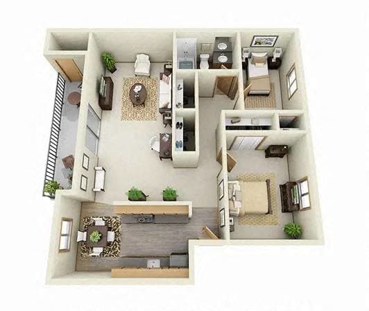 3D floorplan of a 2 bedroom apartment at Overlook at the Willamette, Oregon, 97222?