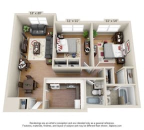 Park Clayton 2 bedroom, 2 bathroom floor plan