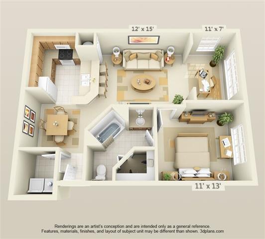 Floor Plan  One Bedroom One Bath with Solarium Floor Plan at Villa Valencia Apartments, Orlando