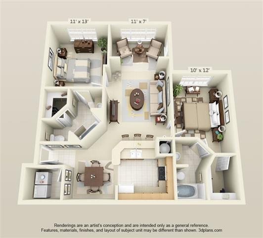 Floor Plan  Two Bedroom Two Bath with Solarium Floor Plan at Villa Valencia, Orlando Apartments, Florida