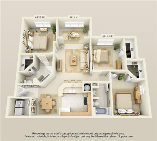 Floor Plan  Three Bedroom Two Bath with Solarium Floor Plan at Villa Valencia Apartments, Orlando, FL, 32825