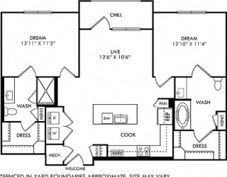 Baylor with Yard floorplan with L-shaped Kitchen, island, pantry cabinet, open to living, 2 baths with tub and other with shower. Walk-in closets. balcony. in-unit washer/dryer