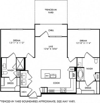 Baylor with Yard floorplan with L-shaped Kitchen, island, pantry cabinet, open to living, 2 baths with tub and other with shower. Walk-in closets. balcony. in-unit washer/dryer