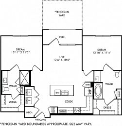 Baylor with Yard floorplan with L-shaped Kitchen, island, pantry cabinet, open to living, 2 baths with tub and other with shower. Walk-in closets. balcony. in-unit washer/dryer