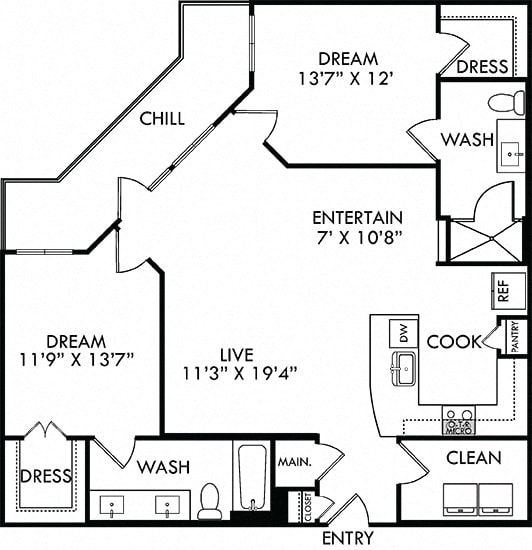 The Cardinal. 2 bedroom apartment. Kitchen with bartop open to living/dinning room. 2 full bathroom, double vanity in master, shower in guest. Walk-in closets. Patio.
