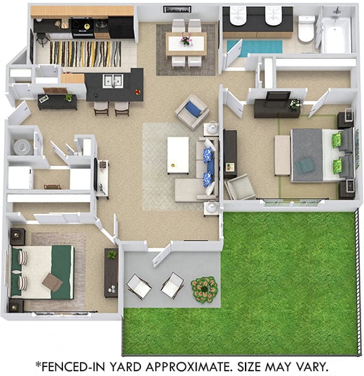 Heritage with Fenced-in Yard 3D 2 bedroom apartment. Kitchen with bartop open to living & dining rooms. 1 full bathroom, double vanity. Walk-in closet. Patio/balcony with storage & yard.