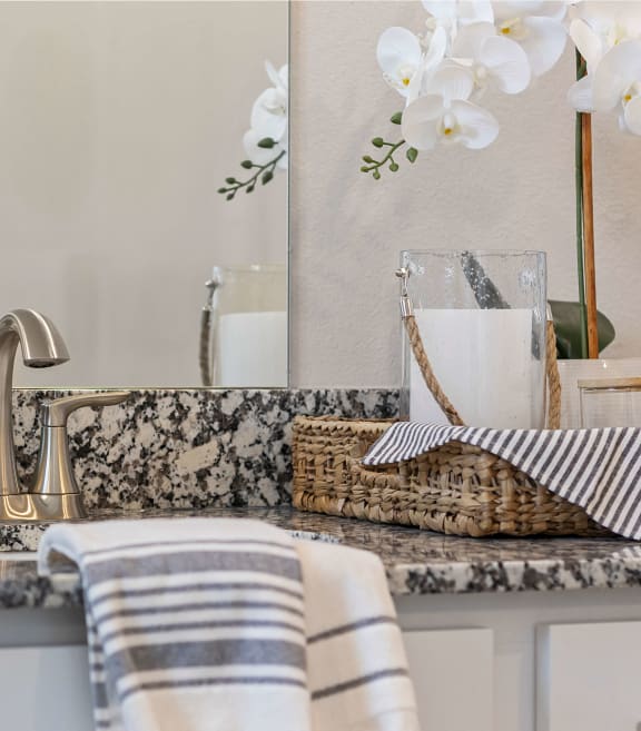 a bathroom with a sink and a counter with towels and a mirror at Hillcrest Village, Arkansas