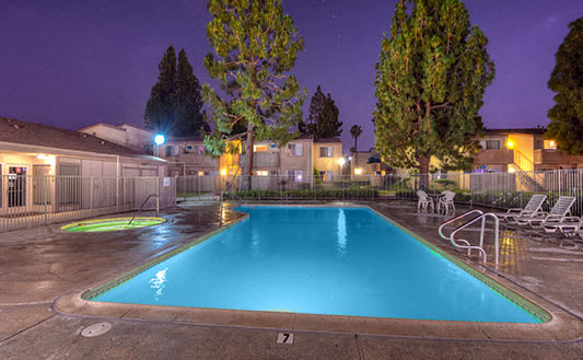 Elevate Apartment Homes Pool at Night Deck at ELEVATE, Placentia, California