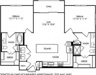 3D Brooks with yard 2 bedroom floor plan with entry closet, L-shaped kitchen with Island and pantry cabinet, open to living area, 2 bathrooms one with tub one with shower and double sinks. washer/dry.